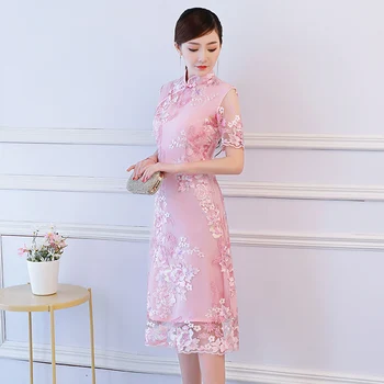S-3XL Ceļa Garums Cheongsam Vintage Ķīniešu stila Kleita 2018 Modes Sieviešu Izšuvumi Qipao Slim Puse Kleitas Pogu Vestido 1