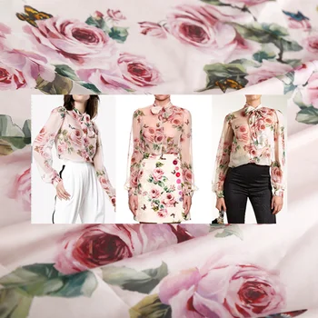 Rožu iespiesti poliestera auduma digitālā druka krekls, kleita auduma metru pidžamu šalle roku darbs DIY auduma, audumu vairumtirdzniecība