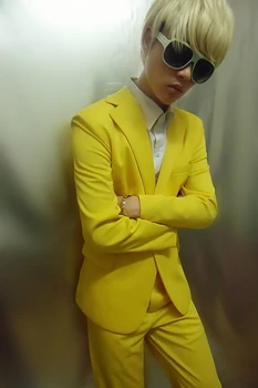 Neona dzeltena, oranža, Vīriešu uzvalki, Jaunu stilu vīriešu modes dziedātāja uzvalks uzstādīt posmā valkā deju džeza sniegumu tērpu apģērbu komplekti 1