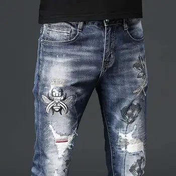 Amerikāņu iela modes vīriešu džinsi retro gaiši zila, slim fit ripped džinsi vīriešu izšuvumi plāksteris dizainers hip hop džinsa bikses punk pirkt \ Vīriešu Apģērbs ~ www.xenydancestudio.lv 11