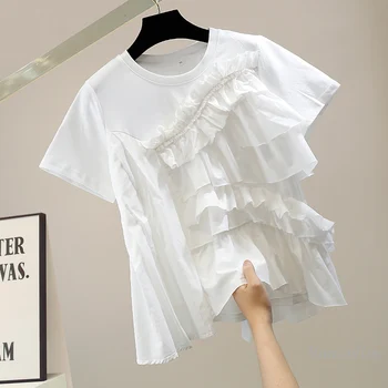 Modes Nelegālo Ruffles Līmēšana Īsām Piedurknēm T-krekls Sievietēm Vasarā Jaunu Gadījuma Zaudēt Visas-Atbilstošas Top Dāmu Tee tīrtoņa Krāsu 1