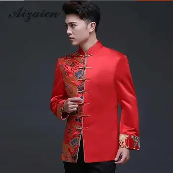 Tradicionālā Ķīniešu Pūķis Kostīmu Vīriešu Izšuvumi Cheongsam Krekls Sarkans Qipao Top Austrumu Vīriešu Apģērbu Līgavainis Tradīcijas Jaka 1