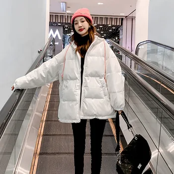 Ziemas mētelis sievietēm ir 2021. jaunu korejiešu versija pleds vienreizējās īstermiņa spīdīgu kapuci uz leju, polsterēts mētelis maize jaka