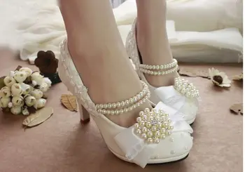Luksusa rhinestones pērles ziloņkaula kāzu kurpes, sieviete sievieti bowtie tauriņš bowknot pērles kāzu sūkņi, kleita apavi 1