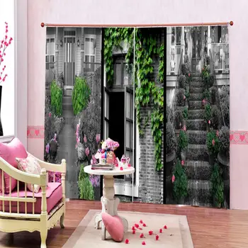 Skaisti Foto Modes Pielāgot 3D Aizkari Zaļo lapu māju eskalators uz pelēka fona Dekorēšana aizkari