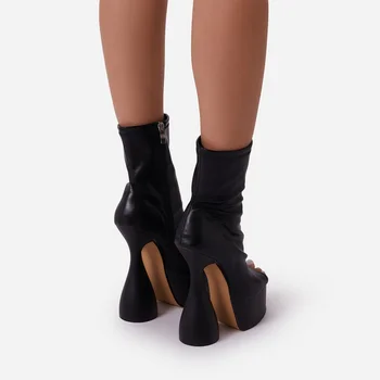 Melns sexy peep toe microfiber āda bieza platforma, dizainera super augstu papēdi potītes zābaki pavasara vasaras zābaki apavi sieviete mujer 1