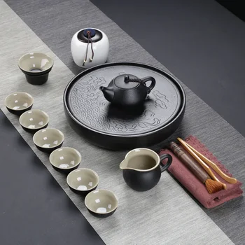 Keramikas Melnā Tēja Uzstādīt Vintage Portatīvo Ceļojumu Kung Fu Tējas Galda Komplekts ar Paplāti Mākslas Dizaina Loucas Em Porcelana Drinkware DK50TS 1
