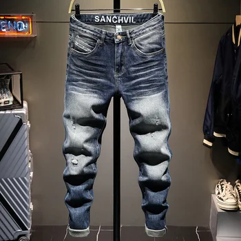 Amerikāņu iela modes vīriešu džinsi retro gaiši zila, slim fit ripped džinsi vīriešu izšuvumi plāksteris dizainers hip hop džinsa bikses punk pirkt \ Vīriešu Apģērbs ~ www.xenydancestudio.lv 11