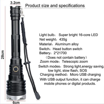Ūdensizturīgs 16 Core XHP110 LED Taktiskais Lukturītis Zoom Āra Medību Tūrisma spuldzes, Āra Pārnēsājamas Laternas darba gaismas