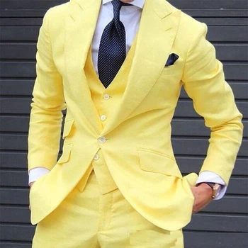 Jūra Vīriešu Modes Kāzu Uzvalki Plus Lieluma Dzeltenā Tērpi, Jakas Bikses Vestes 3Pcs Tuxedos Veste+Žakete+Elsas 1