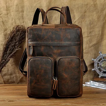 PNDME āra vintage īstas ādas vīriešu mugursoma augstas kvalitātes pātagot ikdienas multi-kabatas pusaudžu ceļojumu klēpjdatoru bagpack bookbags 1