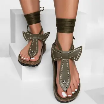 Kniežu tauriņš mezgls sandales sieviešu siksnas virves vasaras dzīvokļi, ķīļi romiešu vienkārši gladiator čības bohēmijas ērti apavi 1
