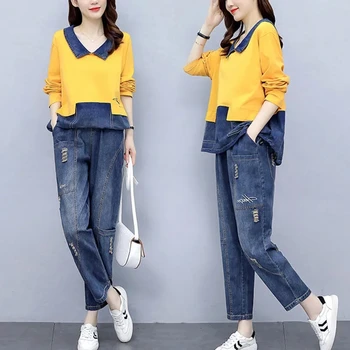 Plus Lieluma Zaudēt Džinsa Kostīms Sievietēm Divas Gabals, Kas Ietilpst Korejas Modes Tracksuit Ikdienas Blūze Un Džinsi Streetwear Gadījuma Sweatsuit 1