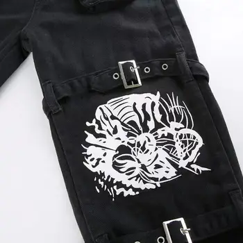 Punk Galvaskausa Drukāt Melnās Džinsa Bikses Y2K Harajuku Augsts Viduklis, Lielas Kabatas Bikses Goth Mall Grunge Kravas Bikses Techwear
