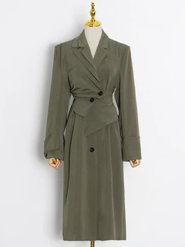 TWOTWINSTYLE Vintage Green Asimetrisks Vējjaka Sieviešu Atloks ar garām Piedurknēm korejas Cietā Tranšejas Sievietēm Ir 2021. Modes Stils