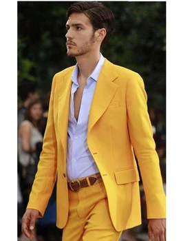 Jauna pieguļoša tērpa homme Groomsmen Iecirtums Atloks Līgavainis Tuxedos Dzeltena Vīriešu Uzvalki, Kāzu Vīriešu Stagal vīriešu kostīms (Jaka+Bikses) 1