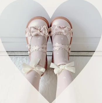 Japānas princese lolita apaļa galva kurpes studentu ikdienas apavi, plakana papēža krusta apsēju gudrs bowknot sekla muti kawaii apavi 2