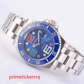 40mm Bliger blue dial keramikas bezel safīra stikls datums automātiskā kustības mens watch 2