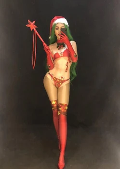 Sieviešu Jaunā Seksīgā Ziemassvētku Stilā Sarkanā Bodysuit 3D Iespiesti Jumpsuit Naktsklubs Puses Posmā Valkā, Dejotāju, Dziedātāju Parādīt Valkāt Stulpiņi Komplekts 2