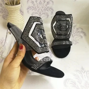 Dimanta Ģeometriskās PVC Caurspīdīga Sandales Sieviešu kristālam, Chunky Papēdis sandales ar siksniņām Rhinestone Vasaras Mūļu 2
