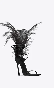 Modes Melnu Spalvu Spārni Sandales Plānas Augstiem Papēžiem Sandalial Mežģīnes Up Strausu Spalvas Potītes Siksnas, Sūkņi Puse Sieviešu Zapatos Mujer 2