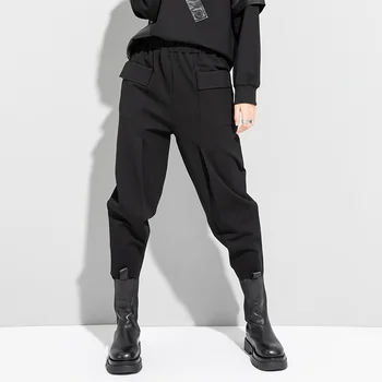 XUXI ir 2021. Rudens Ziemas Kabatas Līmēšana Bikses Sieviešu Ikdienas Streetwear Modes Elastic-Waist Harēma-Bikses E4768 2