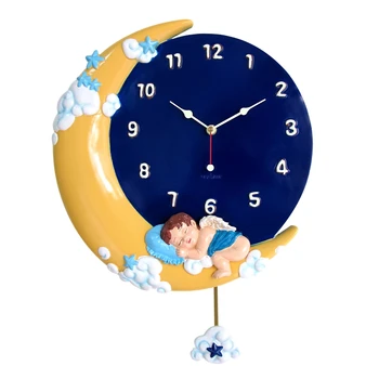 Cute karikatūra little angel bērnu telpu dekorēšana, Gaismas sienas pulkstenis Skaistu mēness šūpoles klusums pulkstenis 2