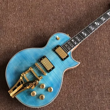 Custom Classic zila krāsa, Tīģeris Liesmas džeza elektriskā ģitāra,Zelta aparatūras guitarra,sarkankoks ķermeņa pasūtījuma gitaar ,vibrato sistēma 2