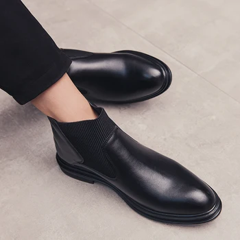 Korejiešu stilā mens casual potītes zābaki pavasara rudens mīkstas ādas kurpes, ērtas chelsea boot punktu kājām potītes botas masculinas 2