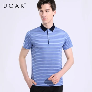 UCAK Brand Classic Savukārt Apkakle ar Īsām Piedurknēm Tīra Zīda T Krekls Vasaras Jauni Topi Streetwear Svītrains T-Krekls Vīriešu Homme U5641 2
