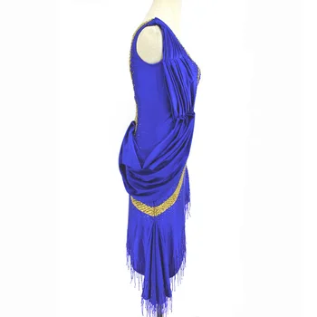 Jauns Latīņamerikas Deju Kleita Sexy Veicot Drēbes Kleita Sievietes Puses Rhinestone Deju Konkurss Tērpa Bārkstis Svārki Zilā Kleita 2