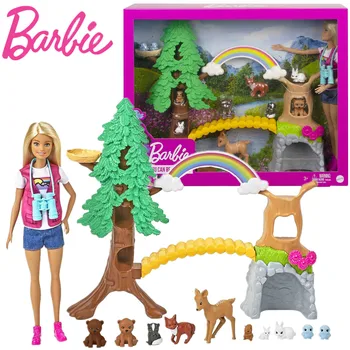 Barbie Tuksnesī Explorer Playset Meža Dzīvnieku Pētnieks Ar 10 Dzīvniekiem Spēlēt Māja Rotaļlietas Meitenēm Dzimšanas dienas Dāvanu GTN60 2