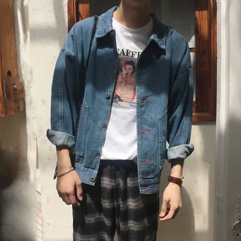 Jaunas džinsa jaka vīriešu zaudēt rudens savvaļas streetwear studentu pusaudžiem Harajuku BF krekls ar garām piedurknēm, jaka 2
