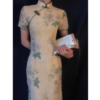 Ilgi Qipao Sieviešu 2022 Vasaras Elegants Ķīniešu Stila Ziedu Drukāt Cheongsam Vintage Tradicionālo Tērpu Modernu Slim Kleita Apģērbs 2