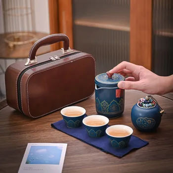 Ceļojumu Teaware Uzstādīt Portatīvo Keramikas Ādas Uzglabāšanas Soma Mazo komplektu Āra Kung Fu Tējas Komplekts Dāvanu ar Roku Dāvanu Var Porcelāna 2