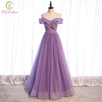 SSYFashhion jaunu violeta vakara kleita banketa elegants laivu kakla vizuļi noapaļošana-line grīdas-garums formālās kleitas vestidos 2
