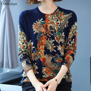 Vintage Print Džemperis Sievietēm Rudens korejas Modes Sieviešu Apģērbs, Džemperis ar garām Piedurknēm Top Pull Femme Sieviešu Džemperi 2