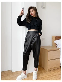 Ādas Bikses Harēma Augsti Elastīgs Viduklis Ir 2021. Jaunu korejiešu Modes Īstas Aitādas Ādas Streetwear Bikses Plus lieluma Sievietēm 2