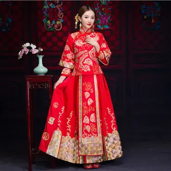 Līgava cheongsam Vintage ķīniešu stila kāzu vakara kleita apģērbu Izšūšana Phoenix Qipao kostīmu Vestidos Plus Izmērs S-5XL 2