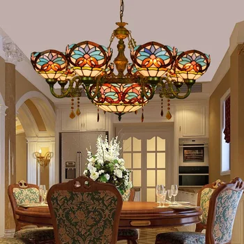 Eiropas Baroka vitrāžas E27 110-240V Pastorālo Tiffany kulons gaisma, Abažūrs lamparas de techo abajur 2