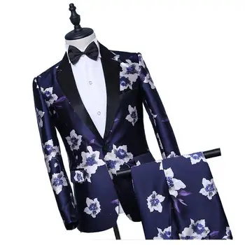 Vīriešu Zila 2 Gabali Uzvalks Iecirtums Atloks, Ziedu Drukāt Līgavainis Uzvalku Puse Balli Dziedātāja Vīriešu Skatuves Šovs Kostīms 2