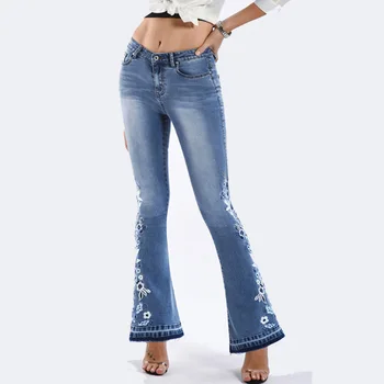 Modes Dizainere ziedu Izšuvumi izdilis džinsi sieviete vintage izšuvumi izlīdzināšanu džinsa bikses, sieviešu džinsi, 4XL plus lieluma ādas elastību 2