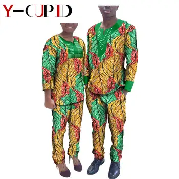 Āfrikas Drēbes Pāriem Bazin Riche Pielāgots Sieviešu Apģērbu Piedāvātos Vīriešu Tērpiem, Rhinestone Drukāt Tops un Bikses Komplekti YA72C01 2
