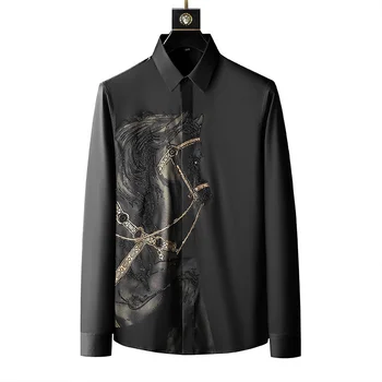 Zīmola Luksusa Rhinestone Vīriešu Krekls ar garām Piedurknēm Slim Ikdienas Krekli Biznesa Sociālo Formālu Kleita Krekli Streetwear Rudens 2