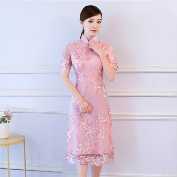 S-3XL Ceļa Garums Cheongsam Vintage Ķīniešu stila Kleita 2018 Modes Sieviešu Izšuvumi Qipao Slim Puse Kleitas Pogu Vestido 2