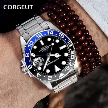 CORGEUT ir 2021. Jaunu GMT Mehāniskās Rokas pulksteni Luksusa Automātisko pulksteņu Vīriešiem, Safīra Stikla, Tērauda Nirt Gaismas Pulkstenis reloj hombre 2