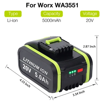 Par Worx 20V Li-Ion 5.0 Ah 6.0 Ah Saderīgs ar WA3551 WX523 WX390 WA3553 WA3641 WG546E WU268 nomainītu Akumulatoru, elektroinstrumenti 2