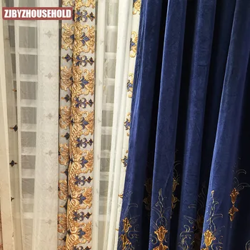 Zilā Lāzera Aizkaru Dzīvojamā Istaba Needlepoint Izšūti Eiropā Ziedu francijas Logu CurtainsTulle Virtuves, Guļamistabas 2