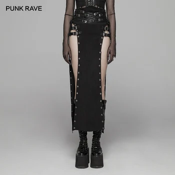PUNK RAVE Sieviešu Gothic Sexy Black Svārki Punk Rock Copslay Skatuves Personības Hip Hop Streetwear Gara, Augsta Starām. Sadalīt Svārki 2
