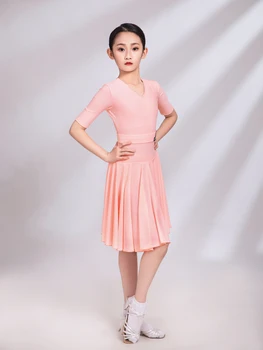 Bērnu latīņu Deju Konkurss Drēbes Rozā Vidu Piedurknēm Standarta Meitene Kleita Deju Apģērba latīņu Praksi Apģērbu DQS7304 2